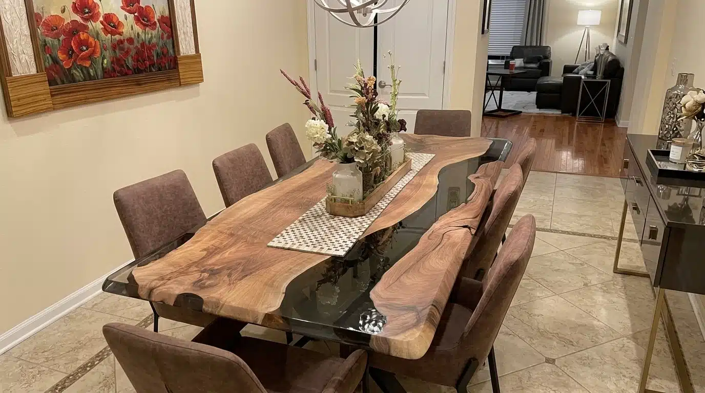 A dining table set with chairs, accompanied by a decorative painting hanging on the wall.