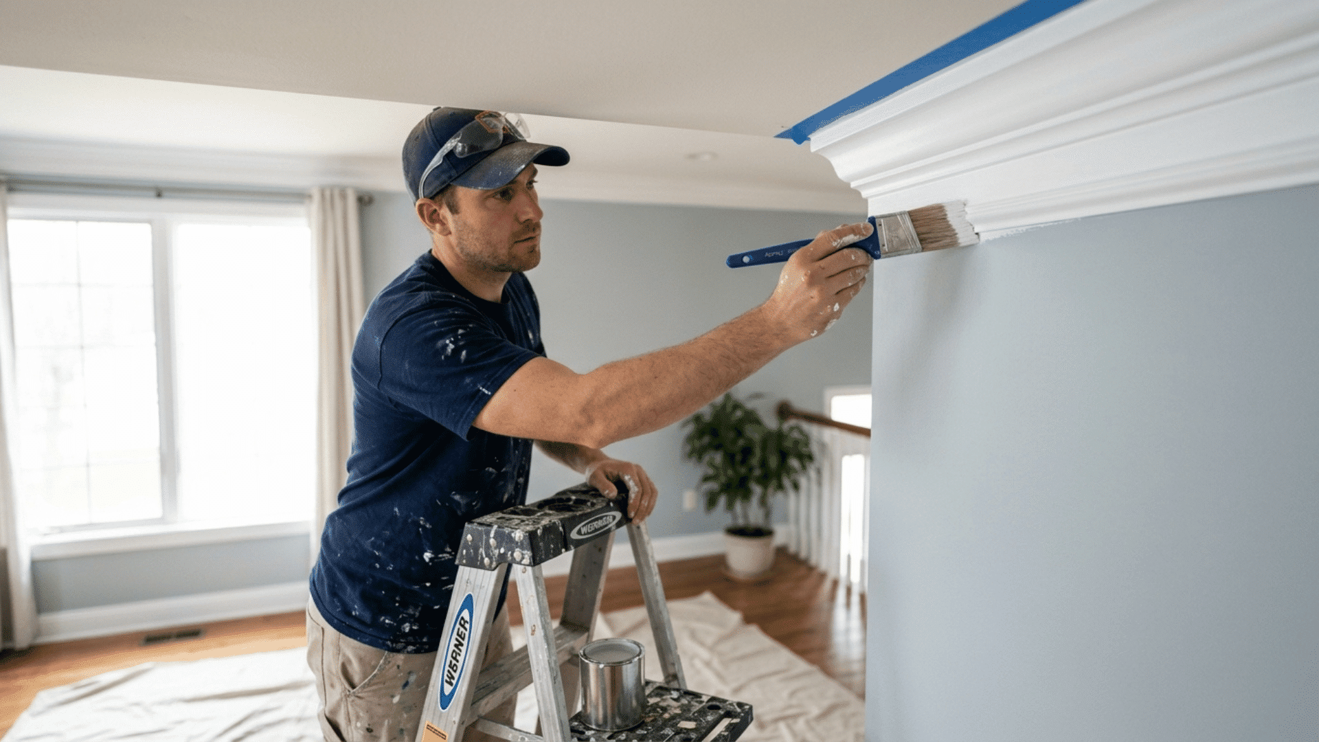 painter cutting in crown molding on a ladder, a trim detail that adds painting time