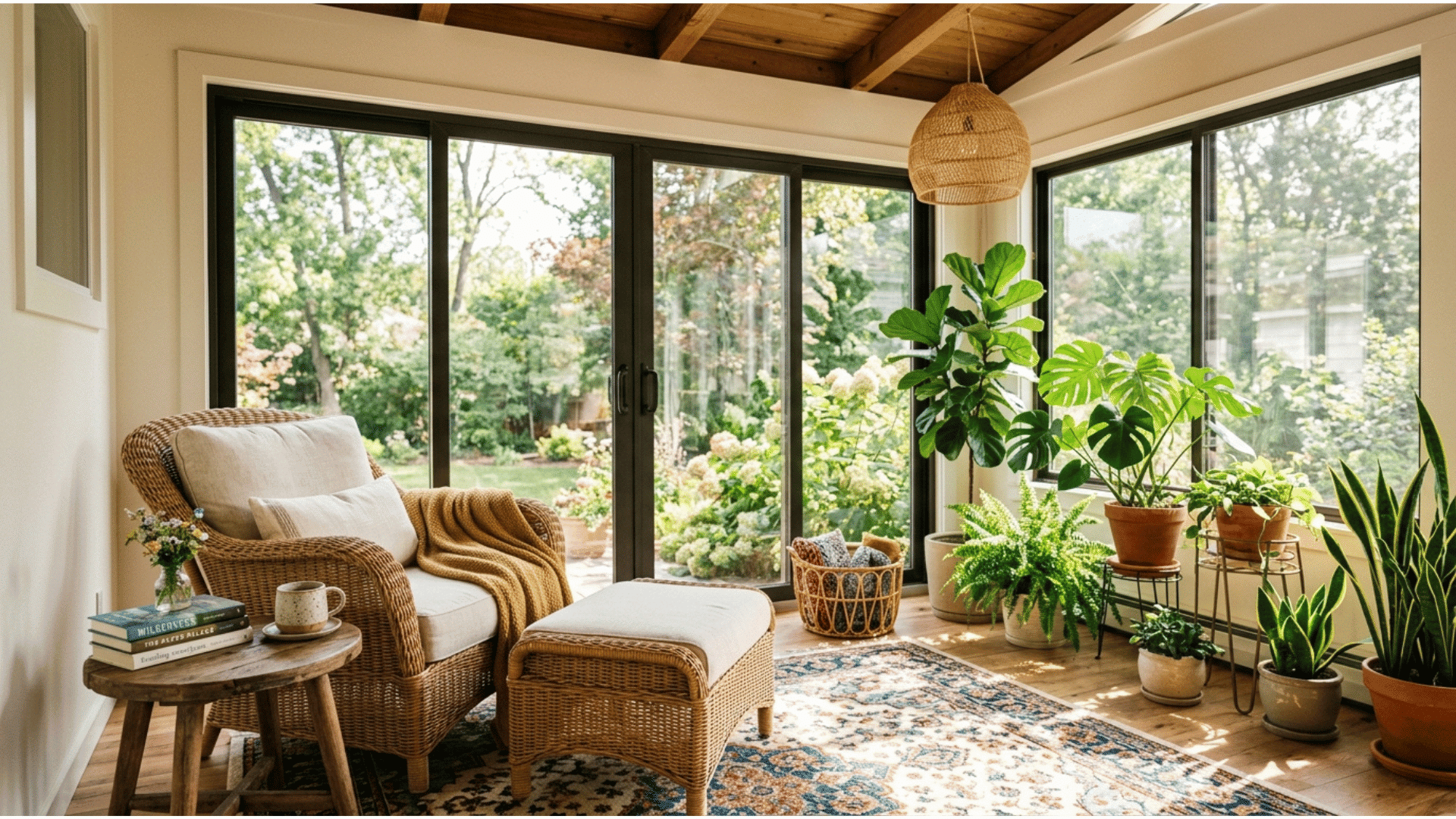 a sunroom fully decorated with a wicker armchair, ottoman and greenery around