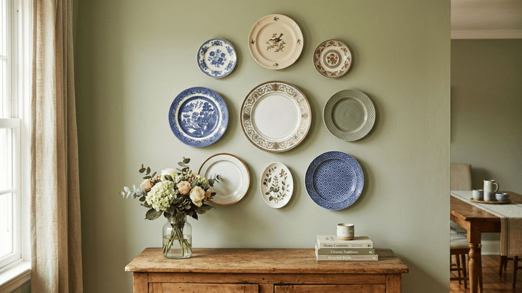 decorative plate wall hung on a green wall above a wooden console table