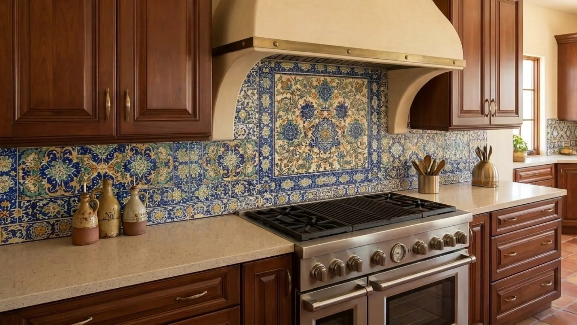 A stainless steel range sits below a tiled backsplash featuring intricate blue and gold floral patterns in a kitchen with dark wood cabinets.