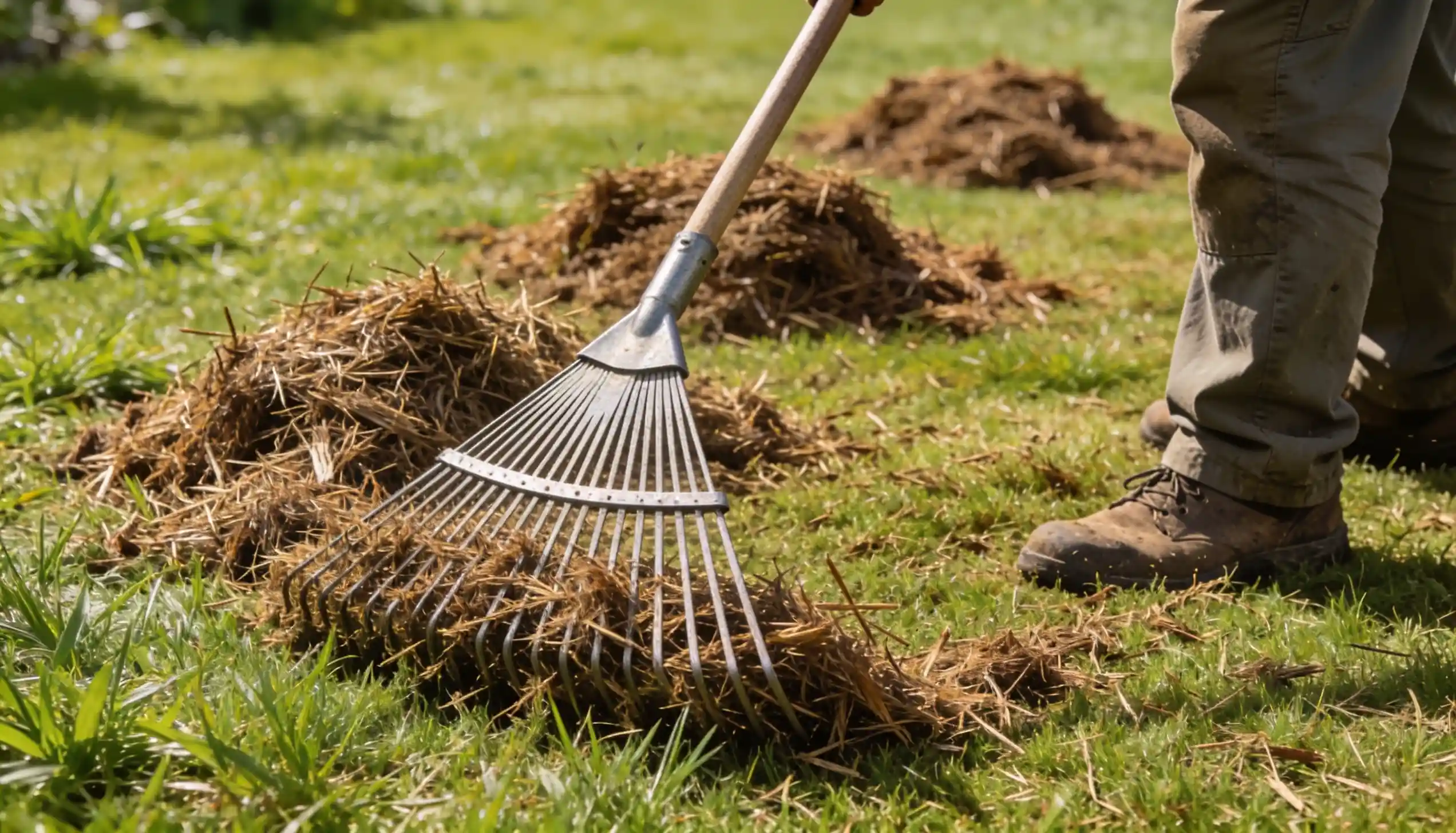 Gardener raking dry leaves and grass clippings into piles on a sunny lawn.