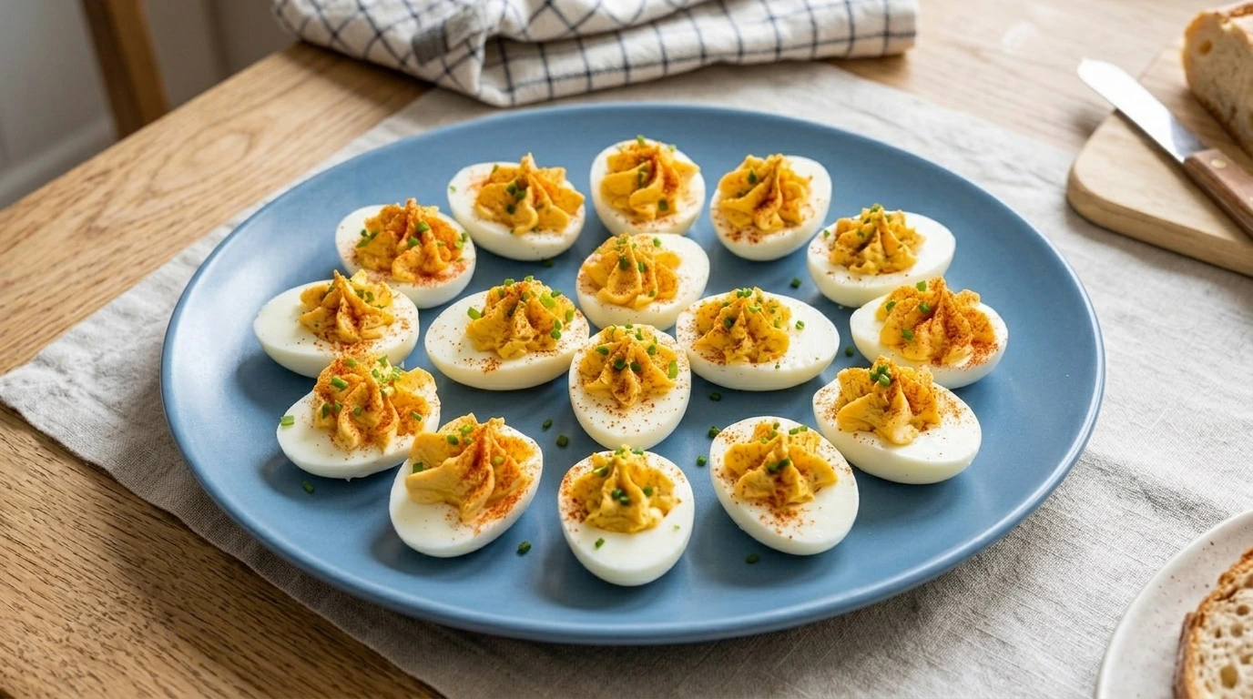 Platter of creamy deviled eggs garnished with paprika and fresh chives, ready for a holiday gathering.