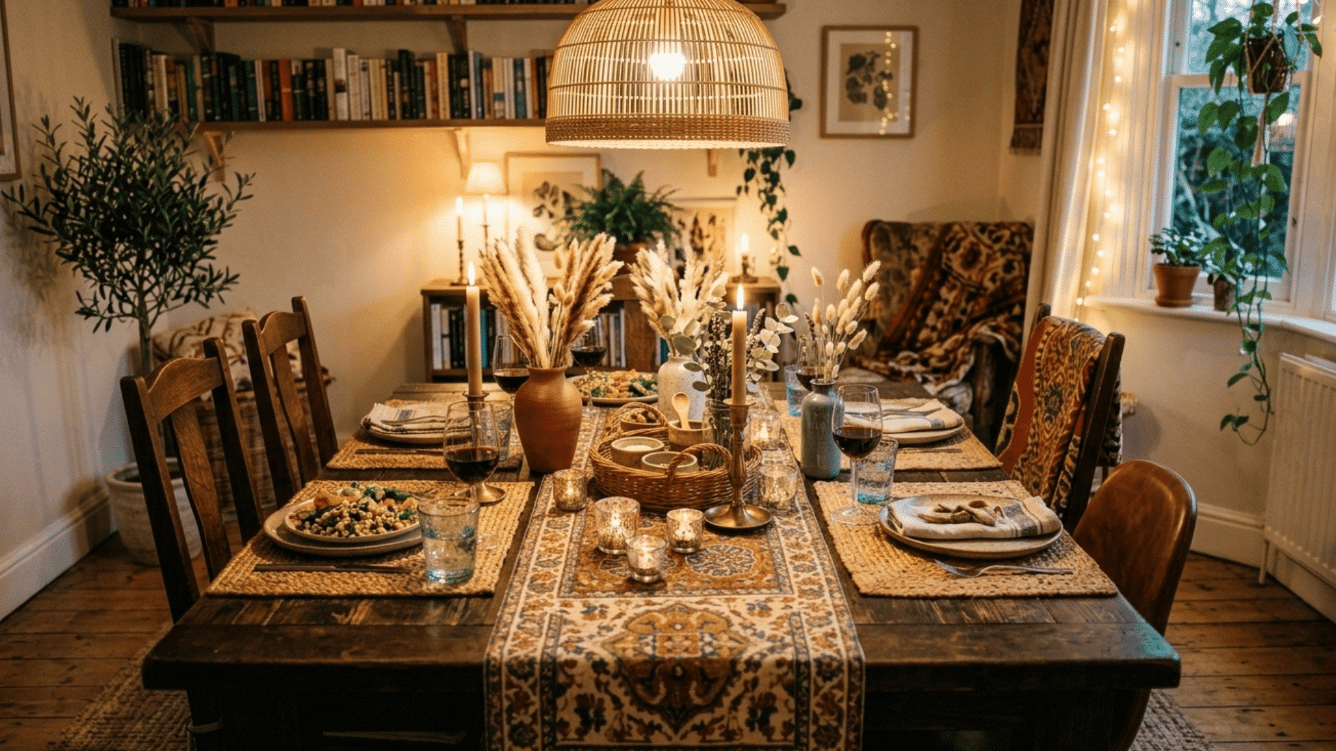 boho dining table decor with rattan basket and woven textures