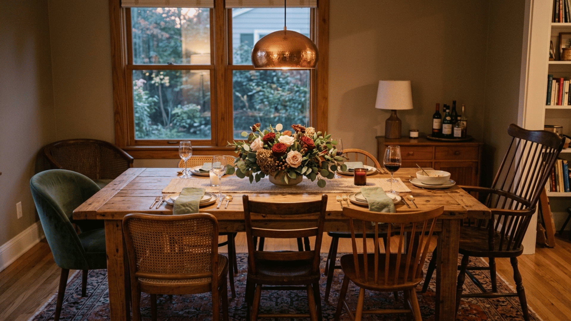 dining room with a sized pendant light and a low table centerpiece