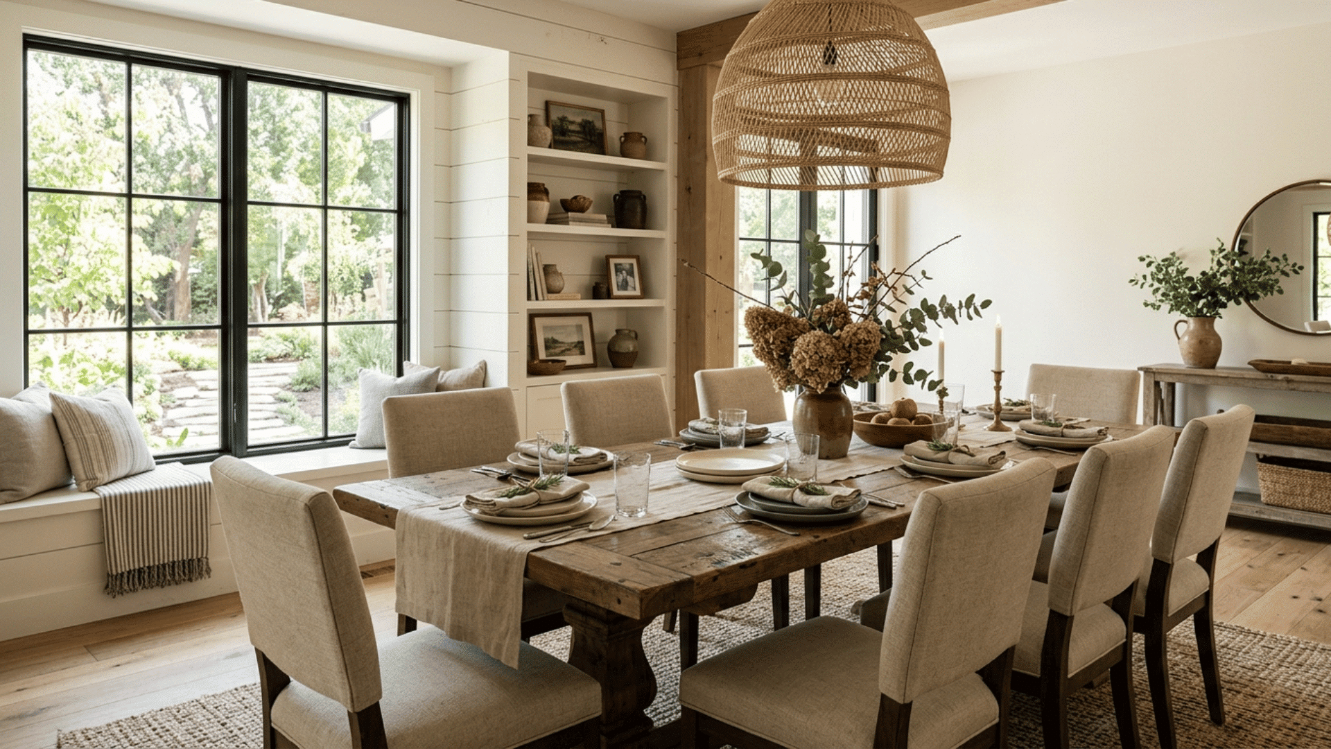 farmhouse style dining room with a reclaimed wood table and woven light