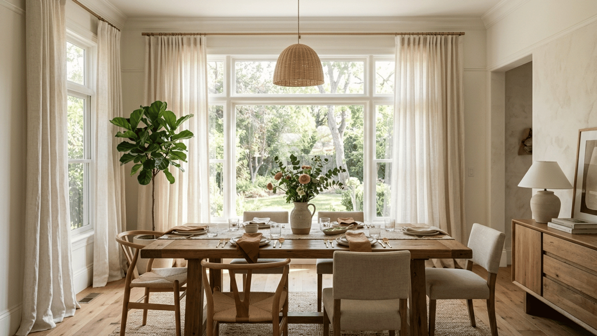 floor length linen curtains hung near the ceiling in a dining room