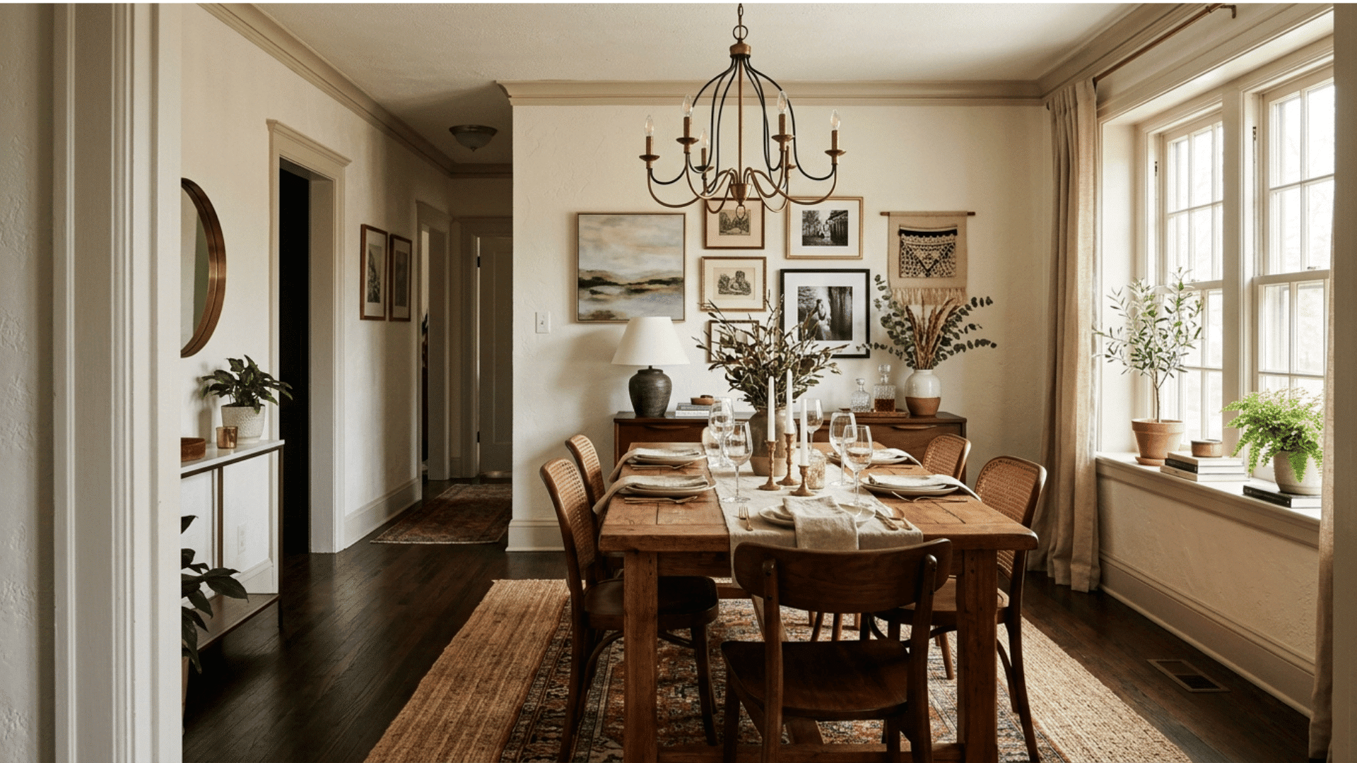 fully styled dining room viewed from the doorway with warm natural light