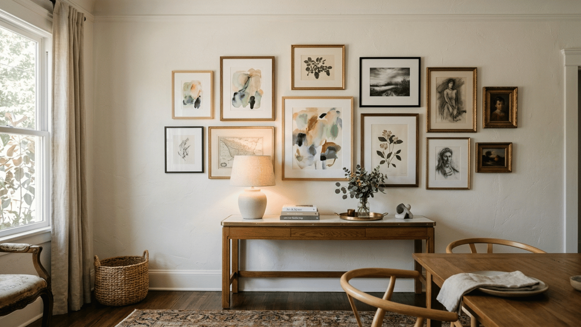 framed gallery wall hung above a dining room console table