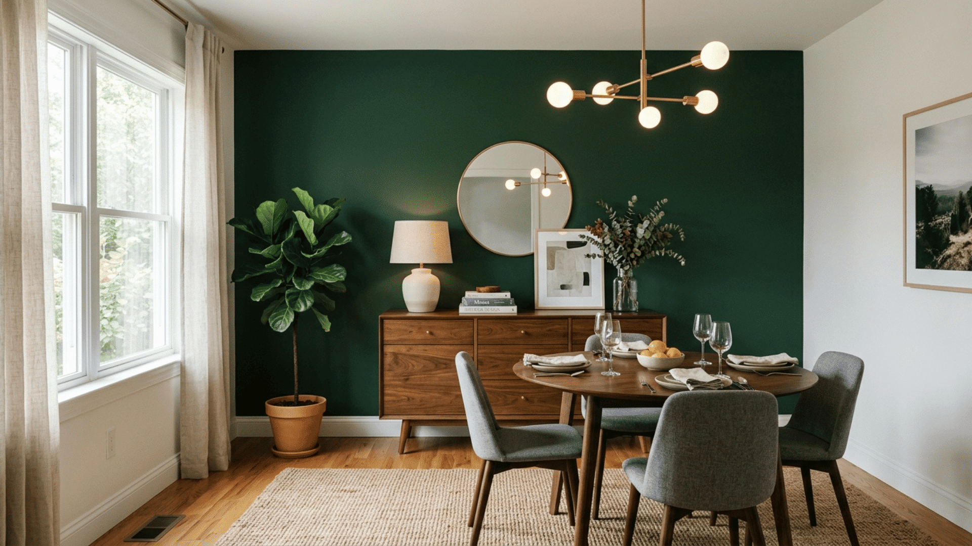 deep green accent wall behind a wood buffet in a dining room