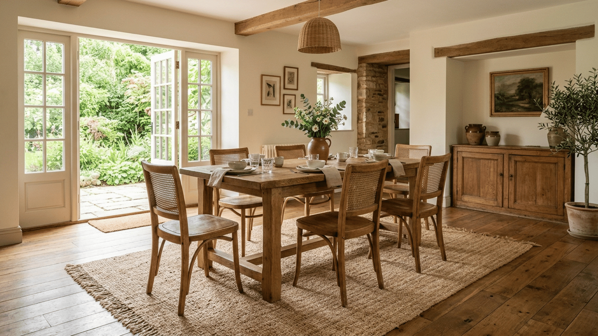 jute area rug placed under a wood dining table and chairs
