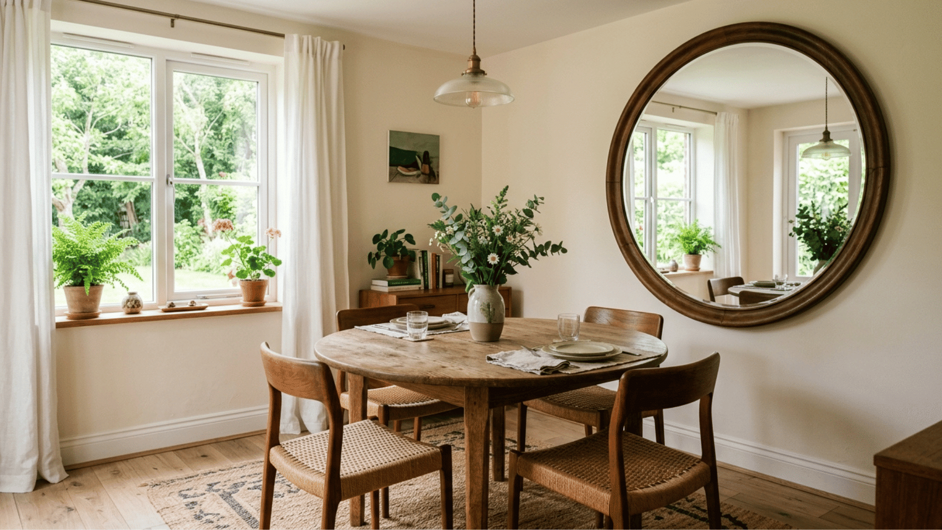 large round mirror reflecting light in a small dining room