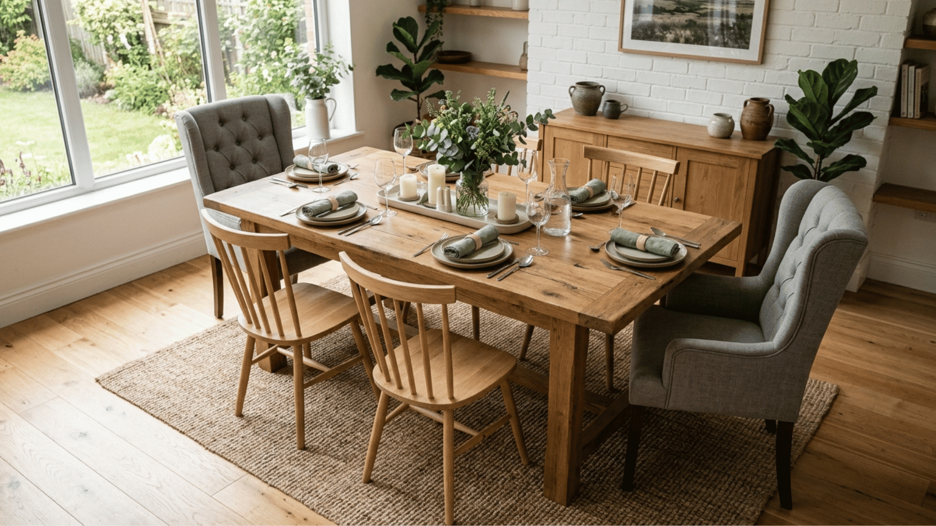 upholstered head chairs mixed with simple wood side chairs