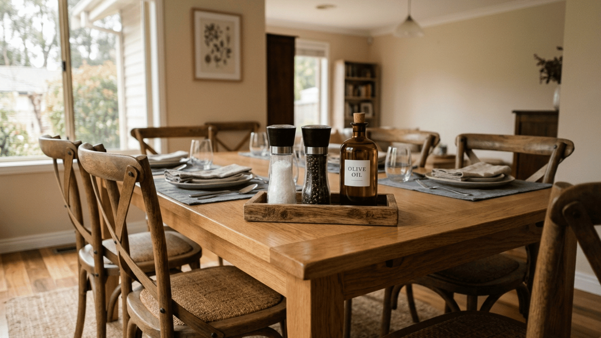 wood tray with salt and pepper in focus on a table with the room visible behind