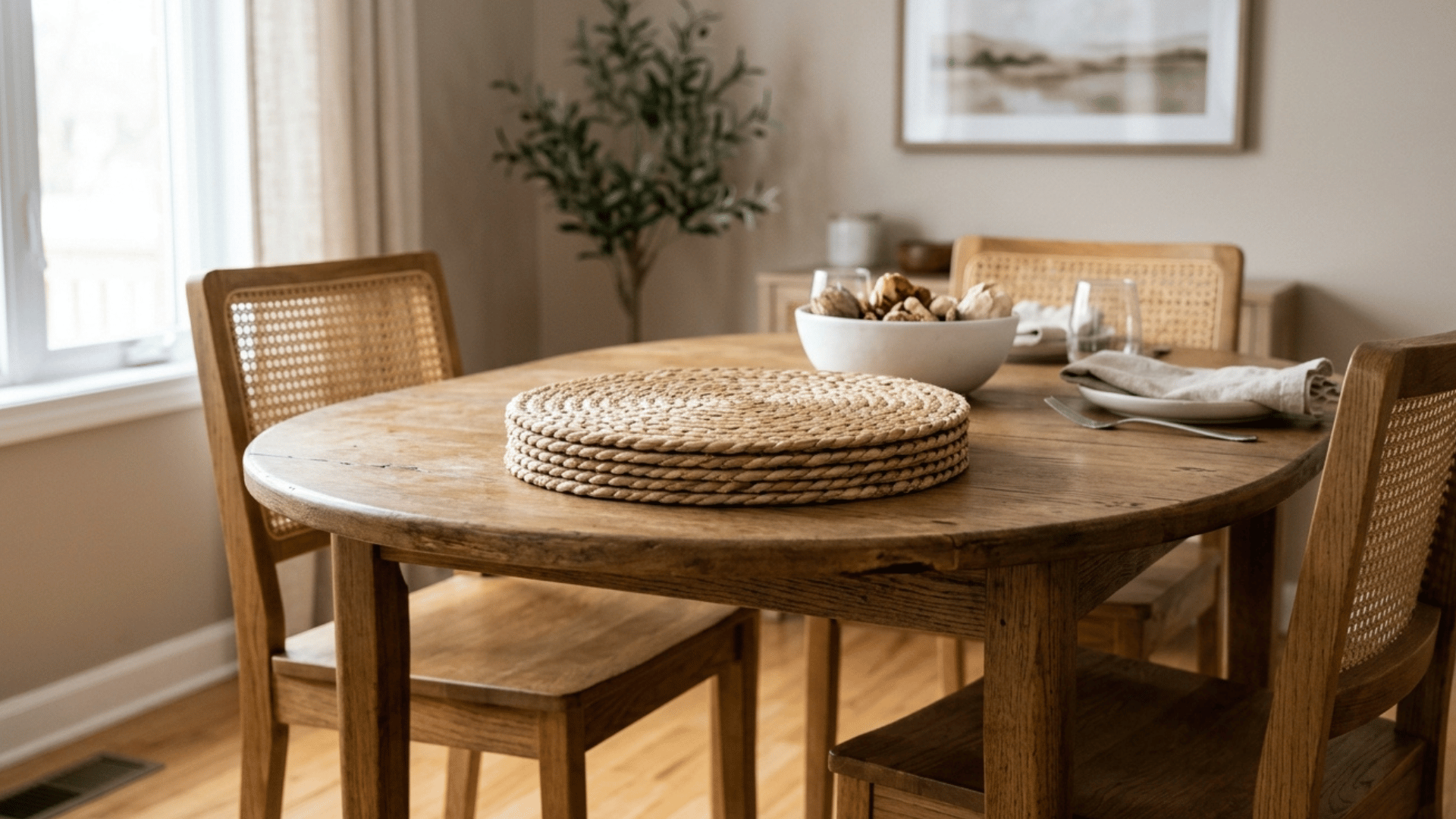 stacked woven jute placemats styled on an empty dining table