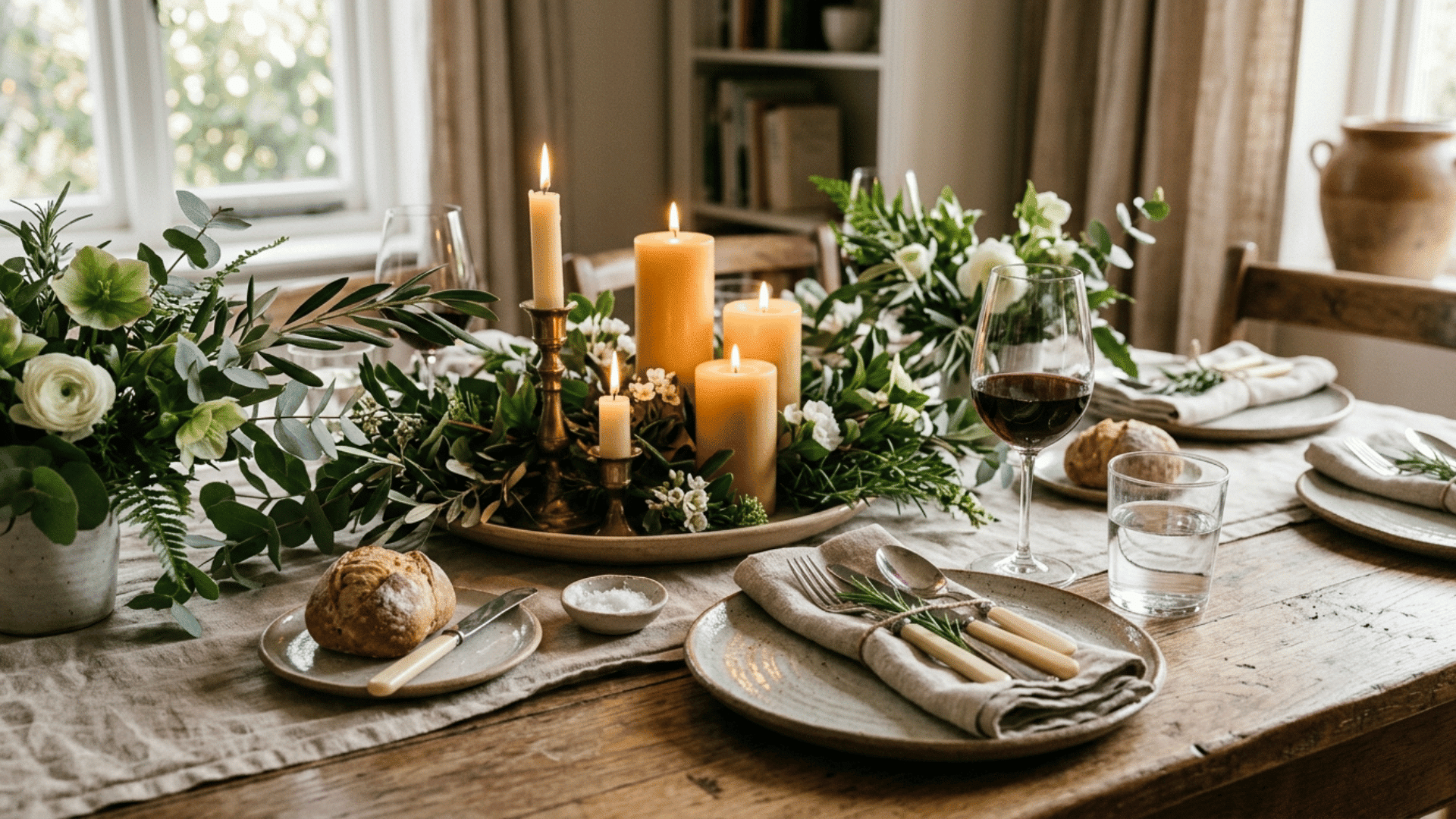 low greenery and candle centerpiece styled on a dining table