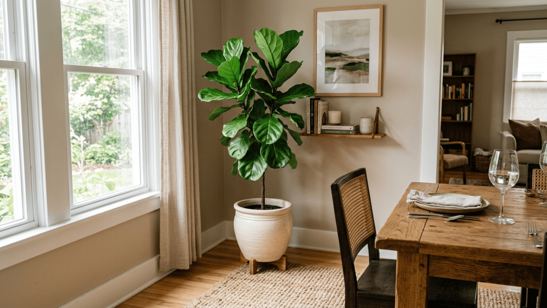 tall potted plant filling an empty corner of a dining room
