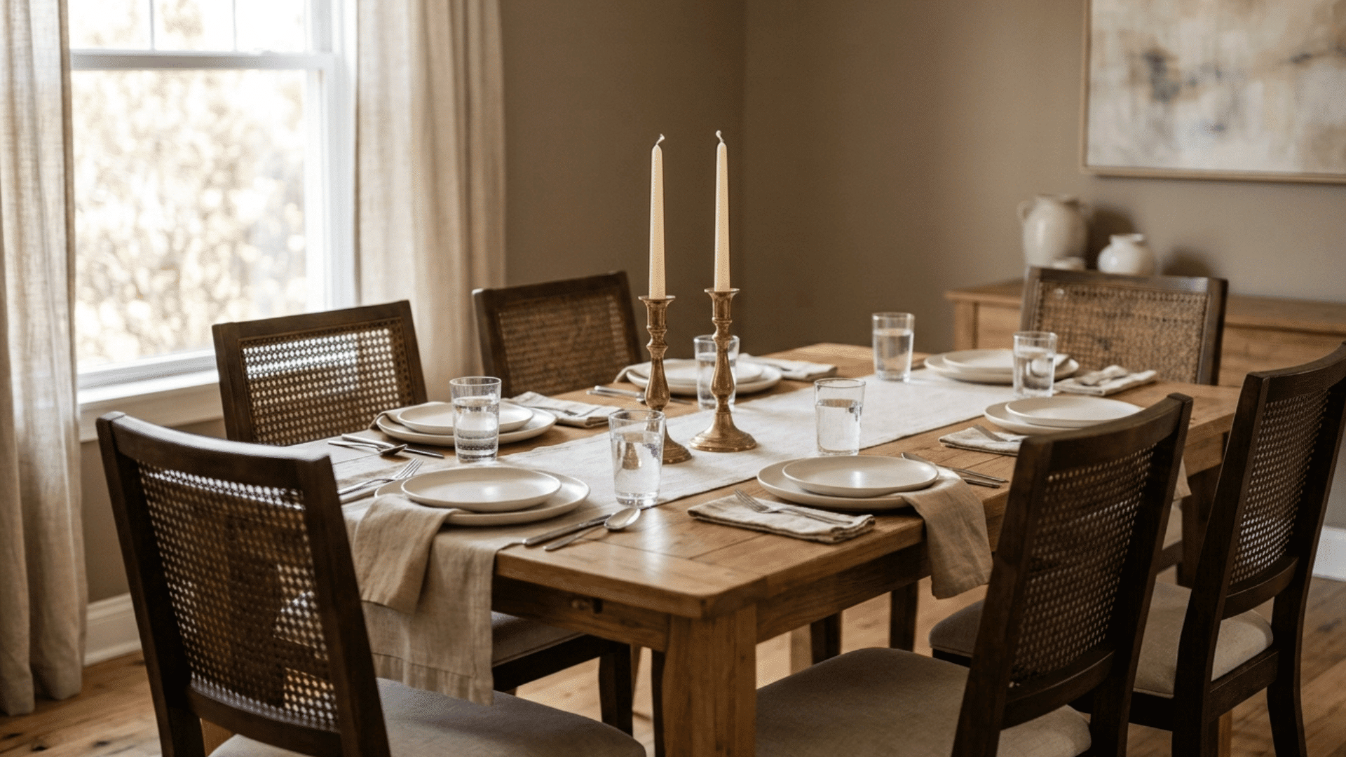 pair of unlit candlesticks in focus on a table with the room visible behind