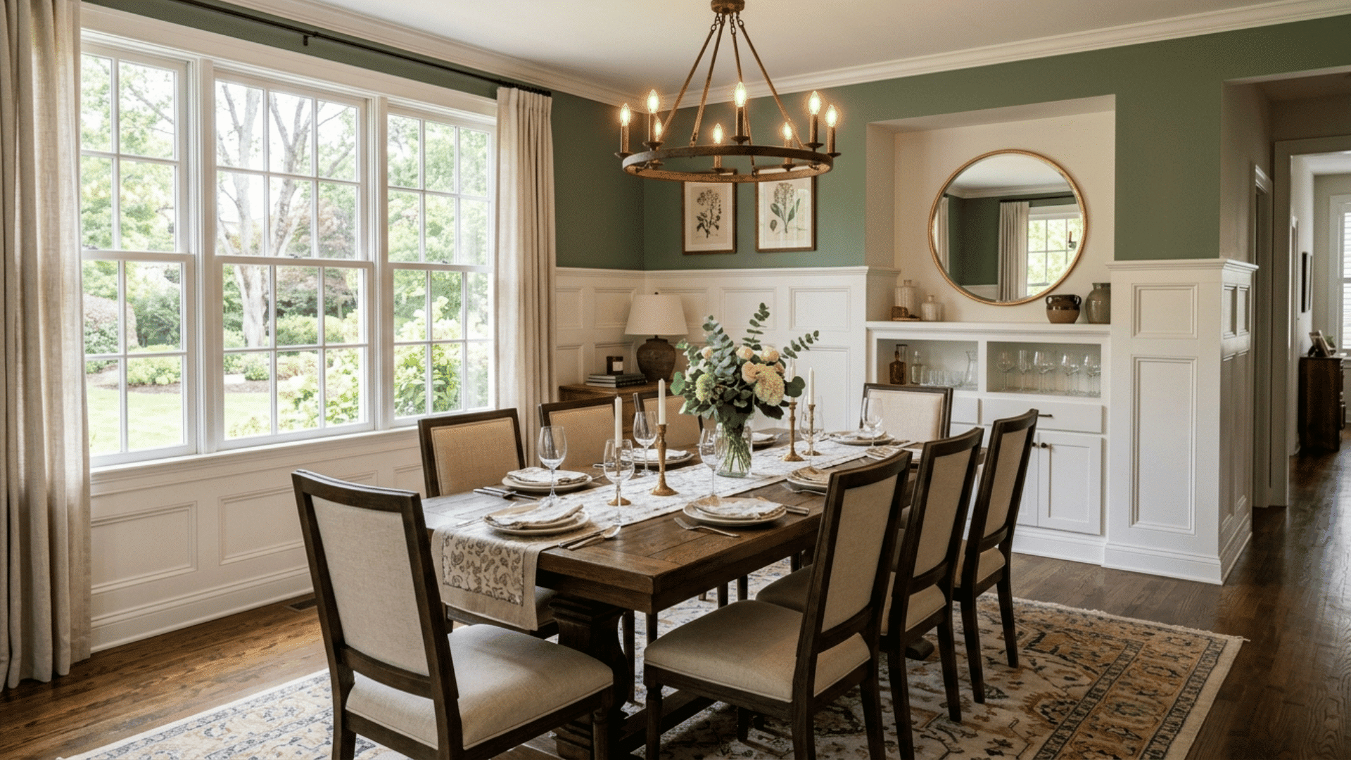 white wainscoting paired with a contrasting wall color in a dining room