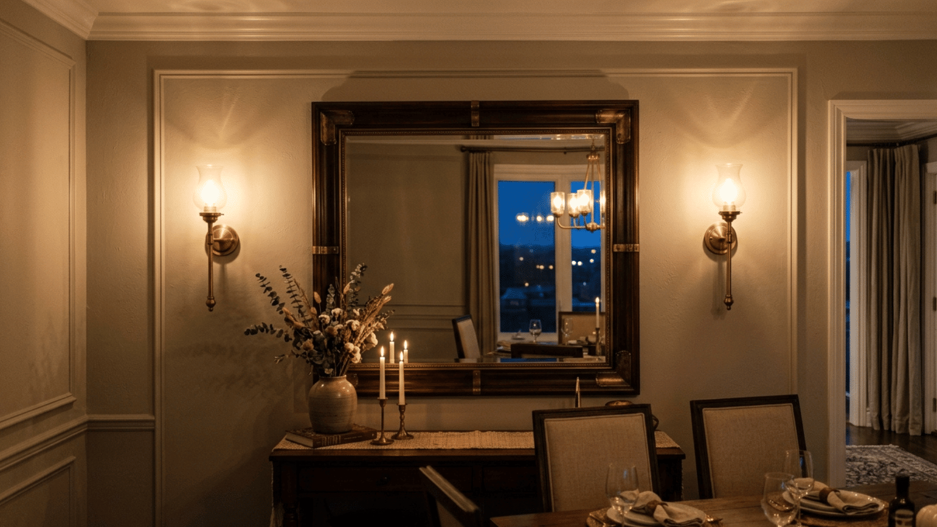 brass wall sconces mounted on either side of a dining room mirror