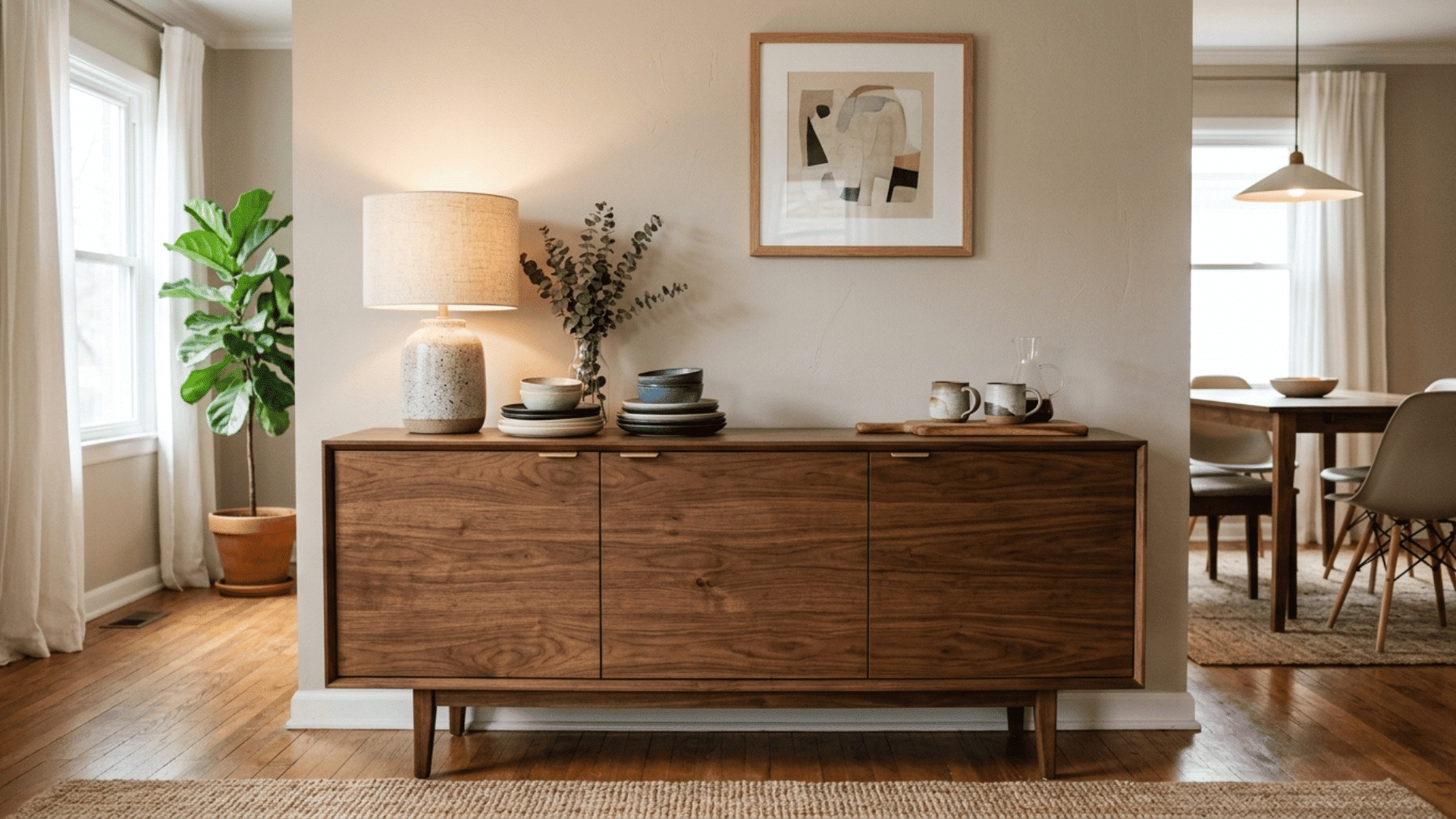 wood sideboard with closed doors used for dining room storage