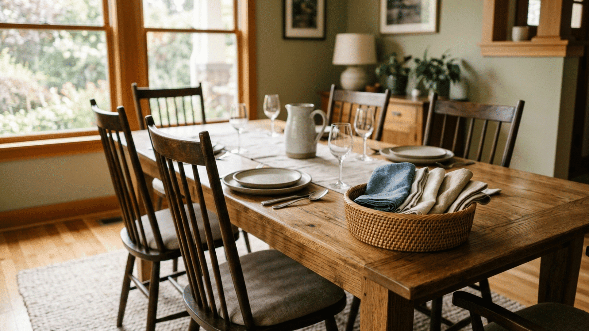 woven napkin basket in focus on a table with the room visible behind