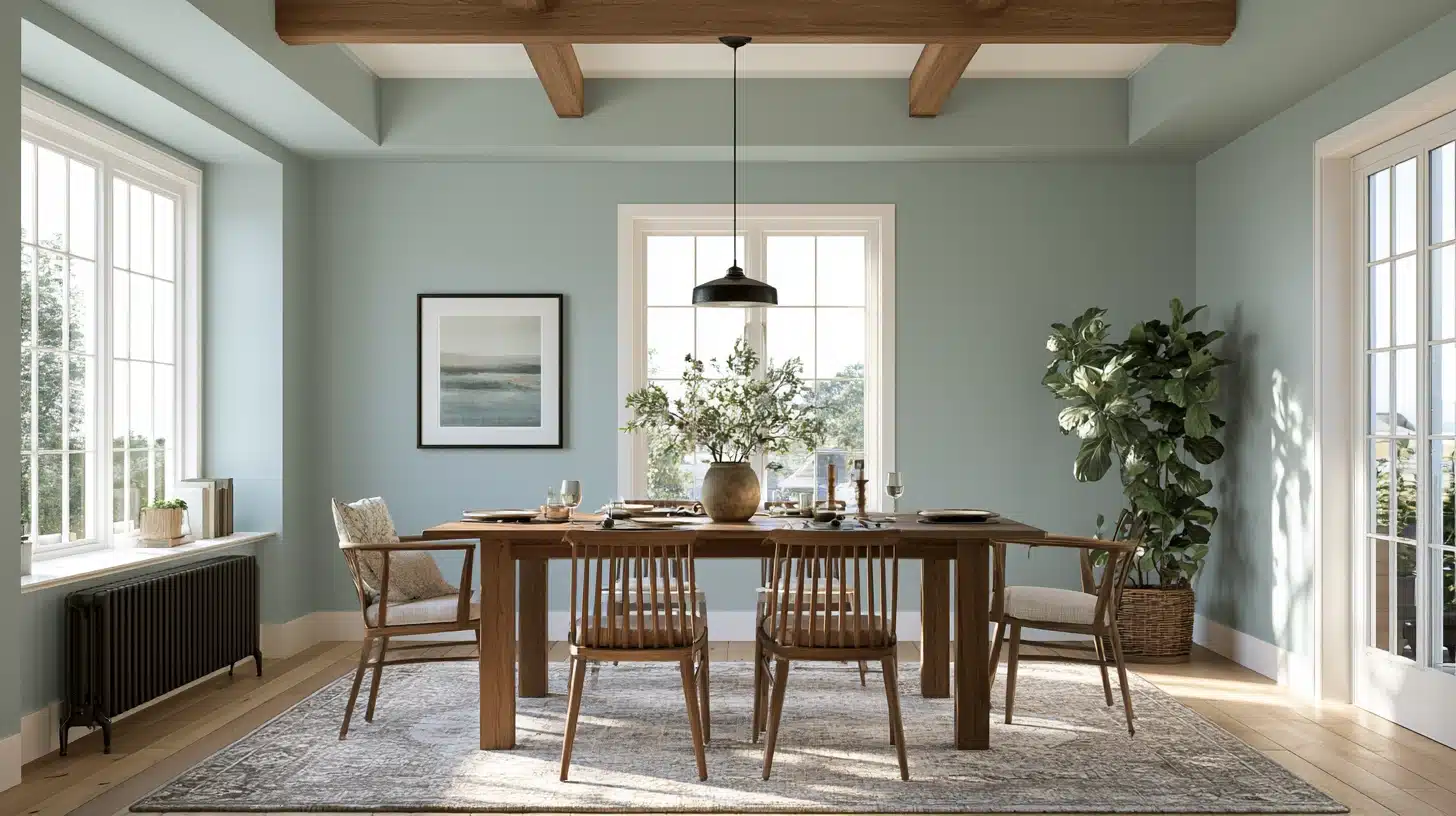A wall featuring beach glass in green and blue hues, with a large window allowing natural light to enter the dining room.