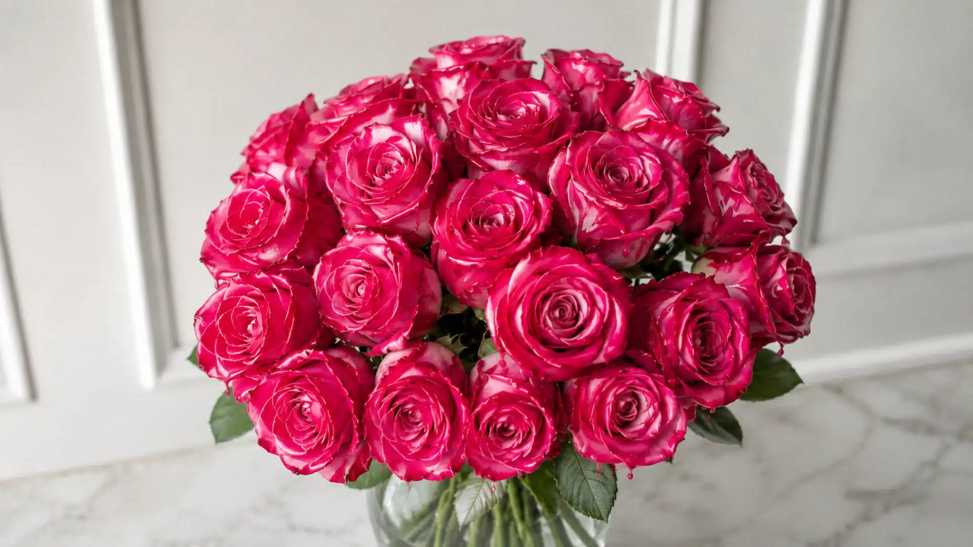 Wax coated pink roses arranged in a glass vase on a marble surface.