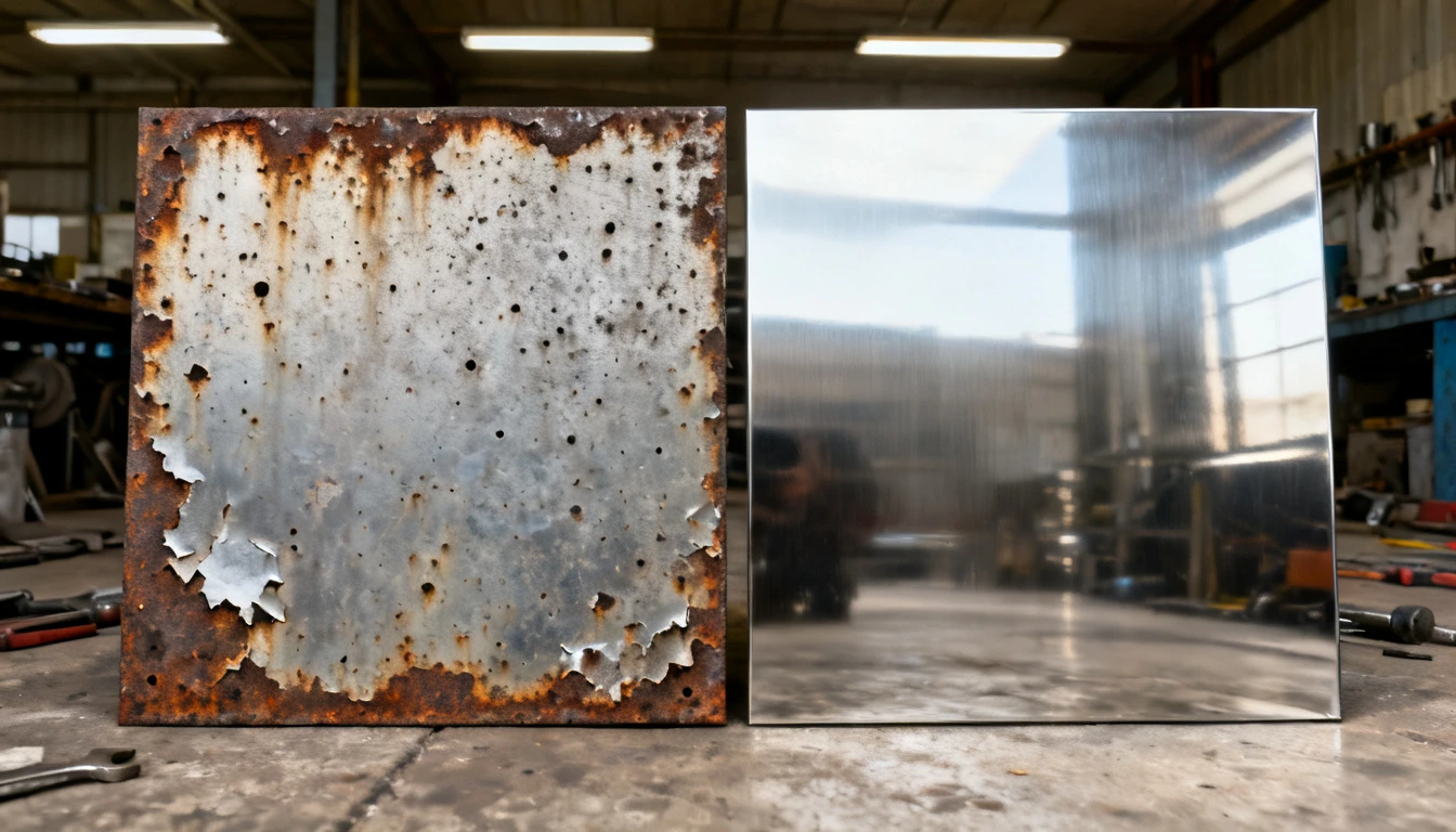 Rusted metal panel beside a clean coated panel to compare directto metal coating results