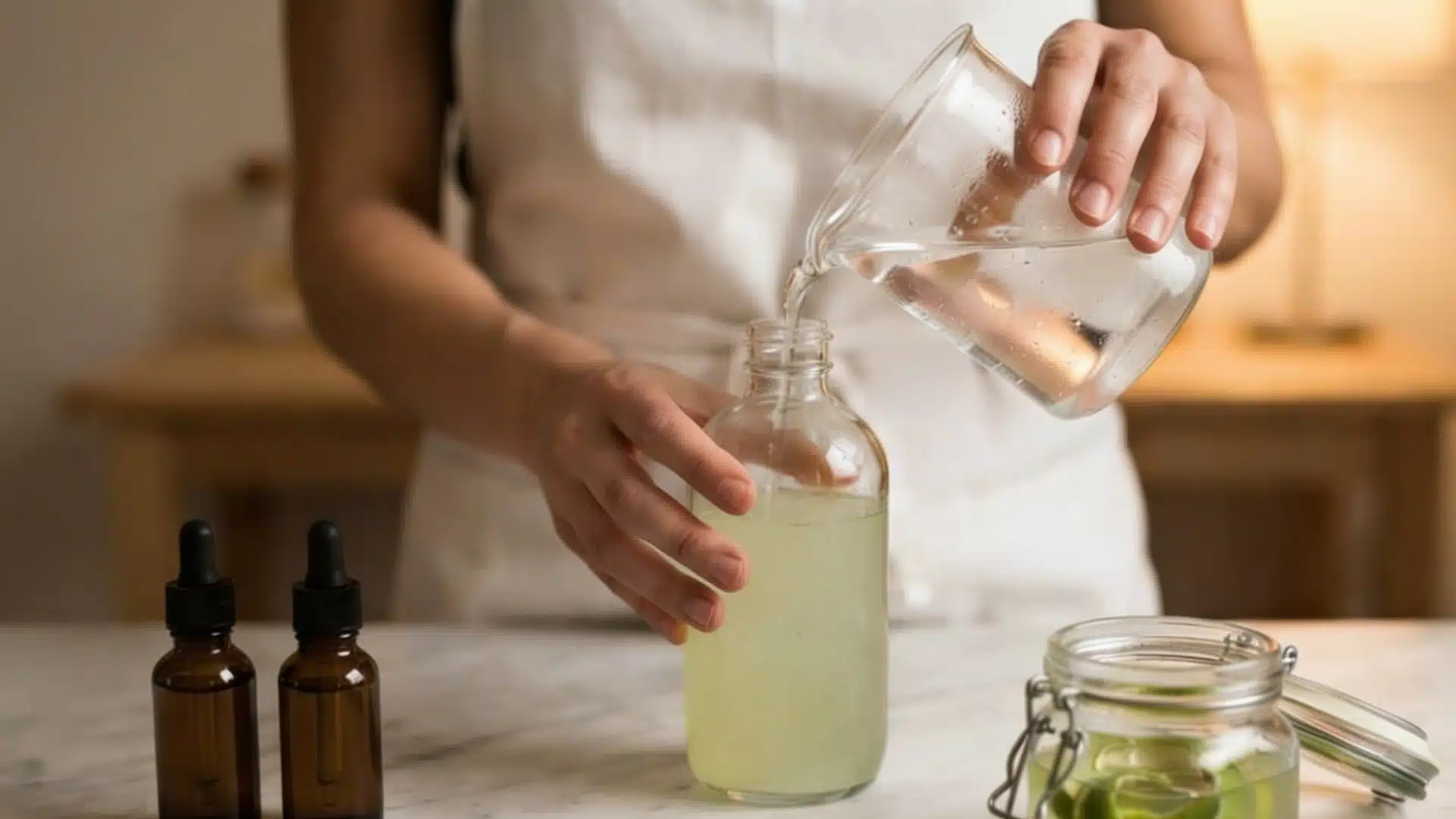 A woman carefully pours a clear liquid from a container into a glass bottle.