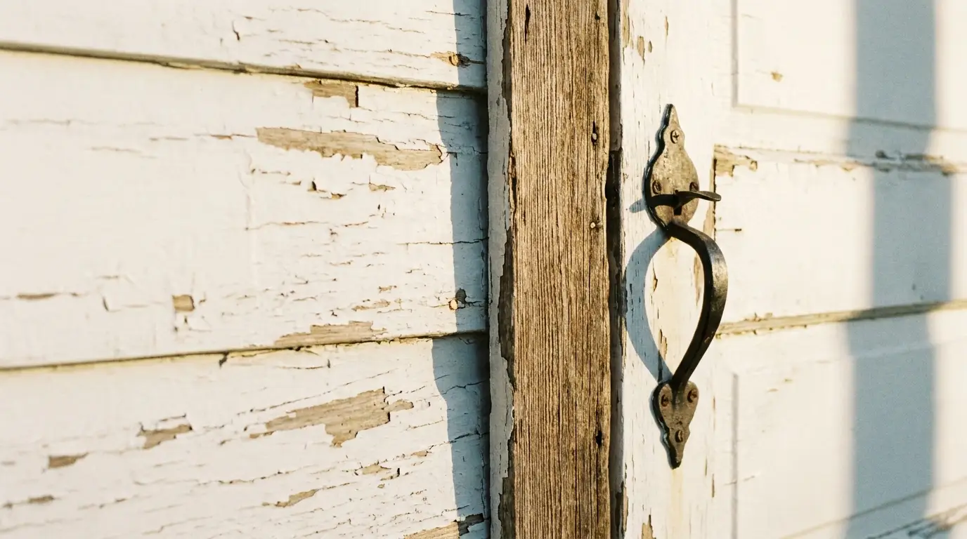 Peeling white paint on rustic wooden door with metal handle in sunlight