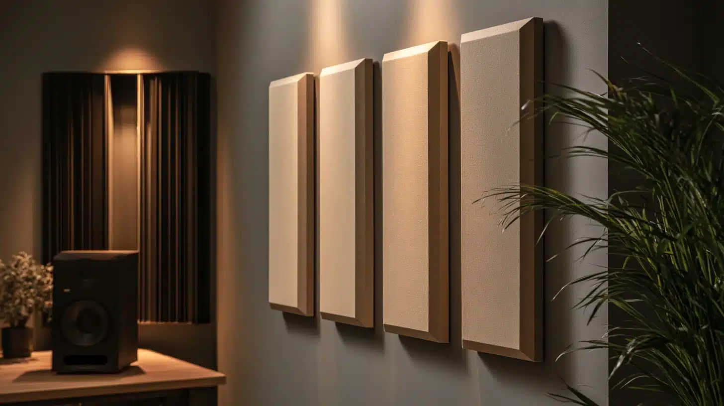 DIY acoustic panels mounted on a home studio wall with a bass trap and speaker improving sound absorption and reducing echo for better room acoustics