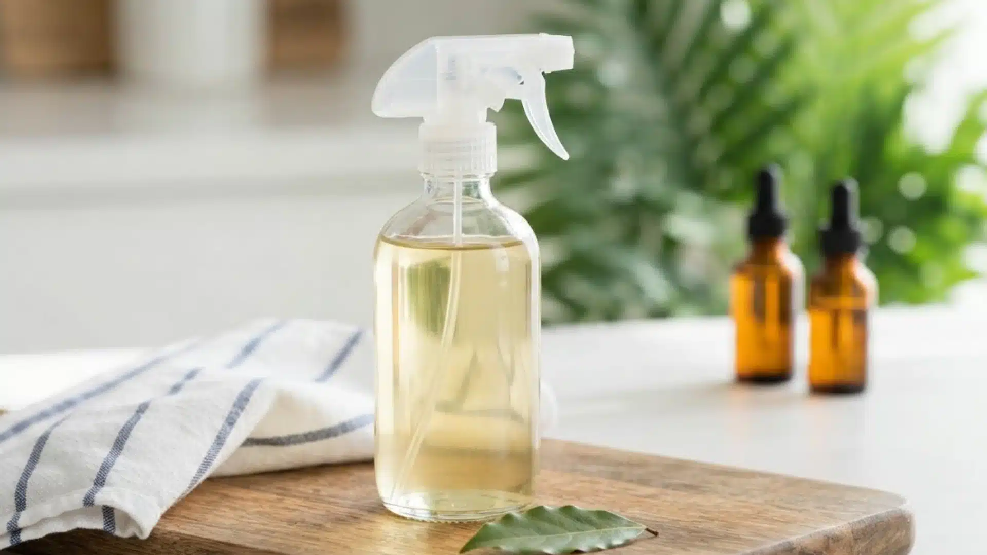 Clear spray bottle with yellow liquid sits on a wooden board next to a striped cloth and a green leaf, with two amber dropper bottles in the blurred background.