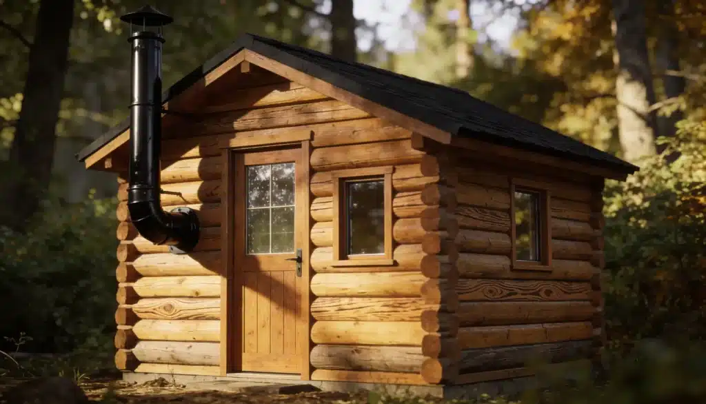 Rustic log cabin with a black chimney stands in a sunlit forest setting.