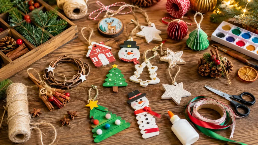 A collection of handmade Christmas ornaments and crafting supplies arranged on a wooden surface
