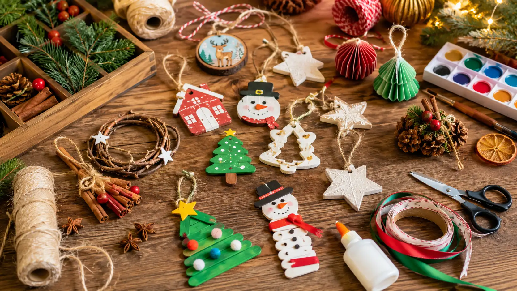 A collection of handmade Christmas ornaments and crafting supplies arranged on a wooden surface