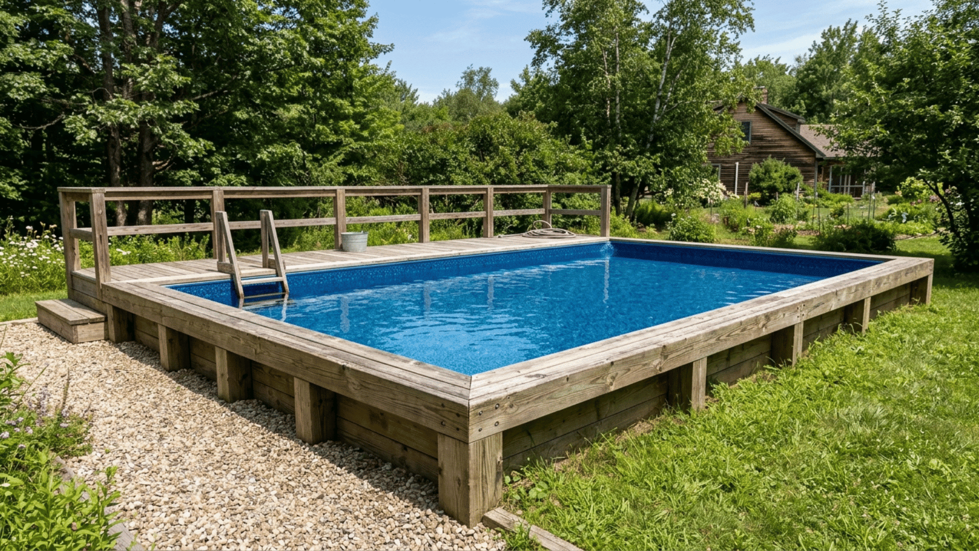 diy timber framed pool with a vinyl liner in a backyard