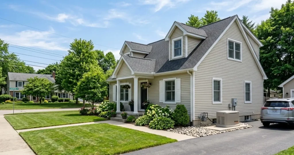 Beige house with manicured lawn and flower beds on a sunny day in a suburban neighborhood