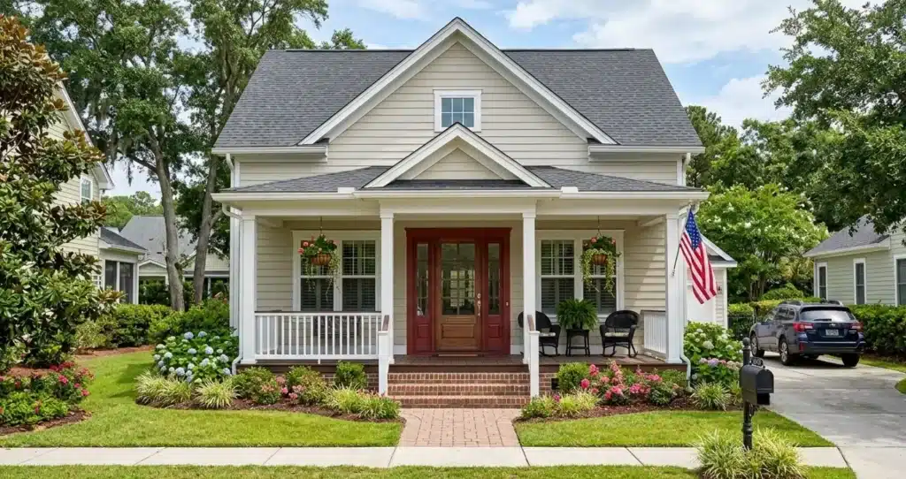 Traditional suburban house with American flag, front porch, and landscaped garden on sunny day