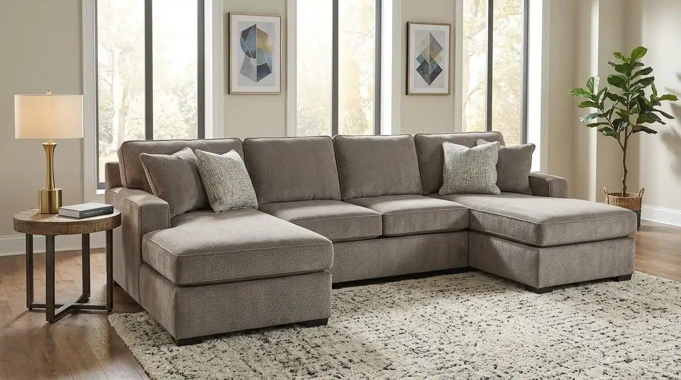 A double chaise sectional sofa with two decorative pillows, placed on a stylish rug.