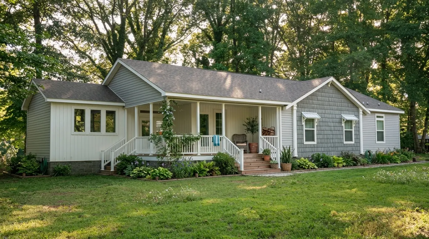 A small house featuring a porch and a well-maintained yard, surrounded by greenery.