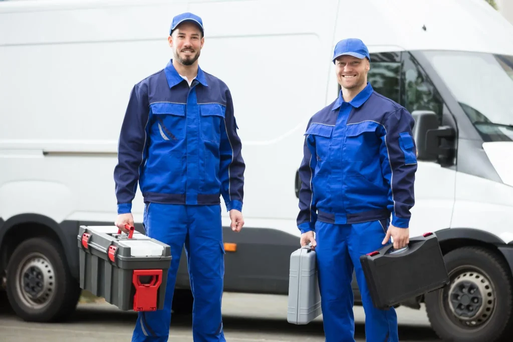 Two workers in blue uniforms holding toolboxes beside a white service van