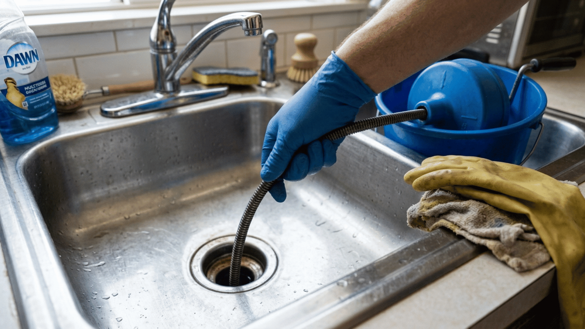 feeding a drain snake into a kitchen sink to clear a clog