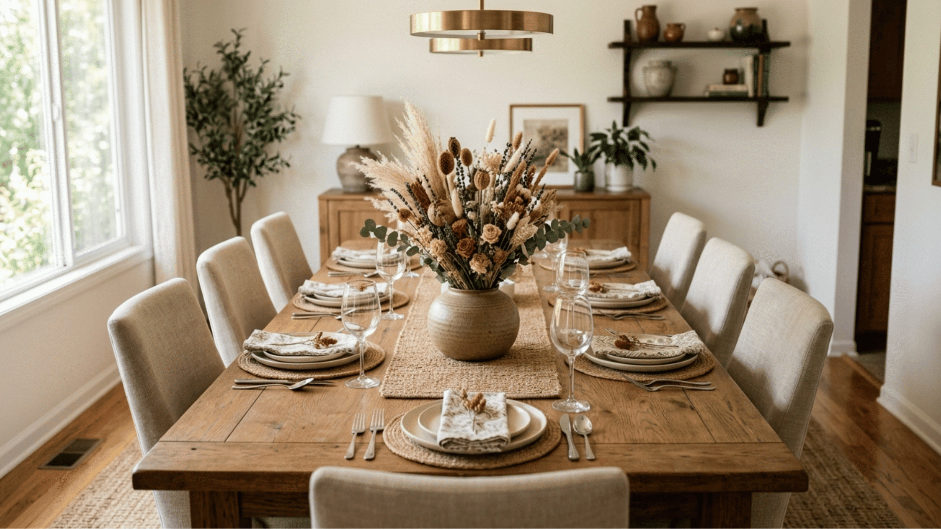 fresh along with dried flowers in a vase kept at between the dining table