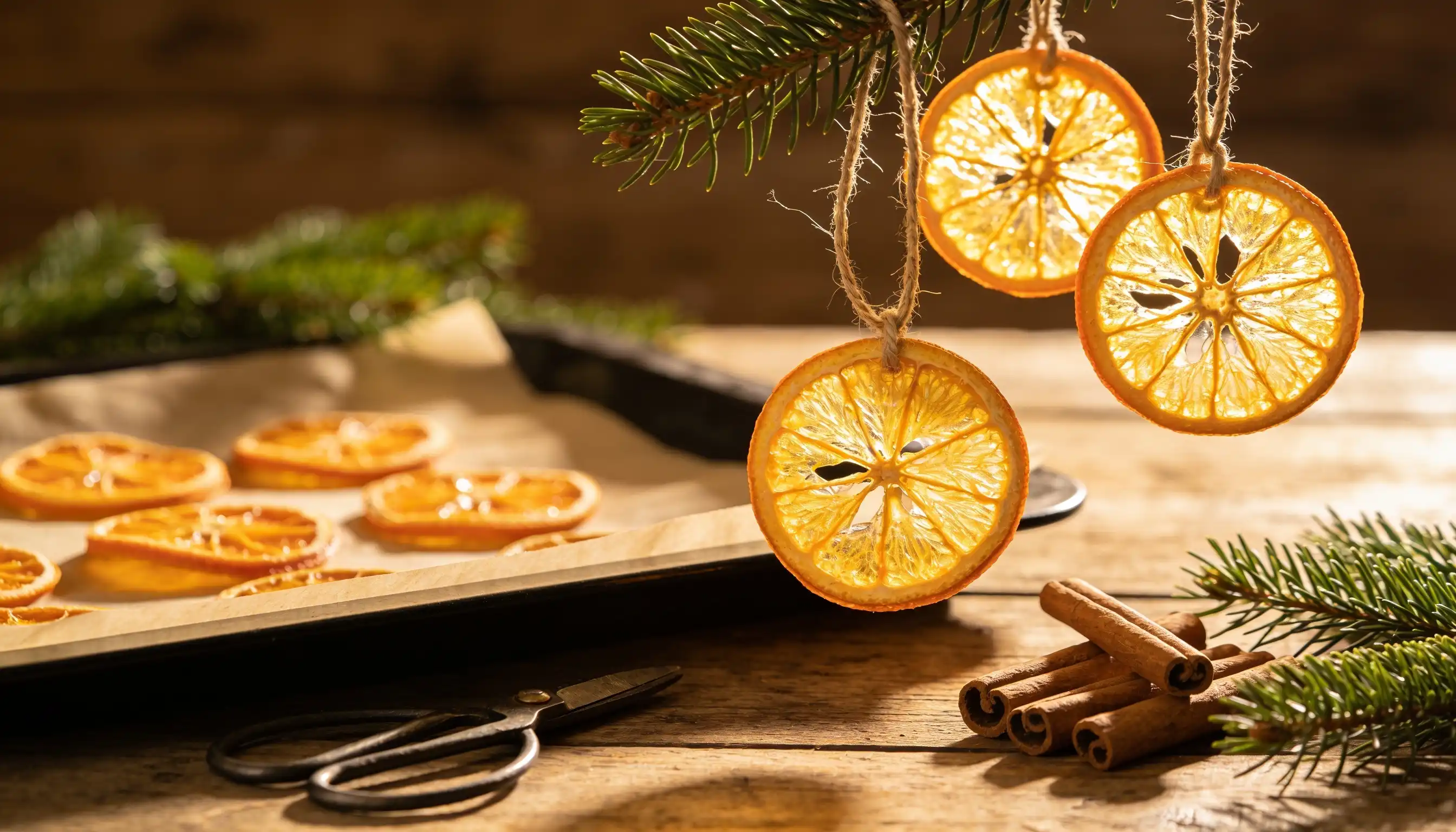Dried orange slices hang as ornaments from a pine branch alongside cinnamon sticks and more oranges on a baking sheet.