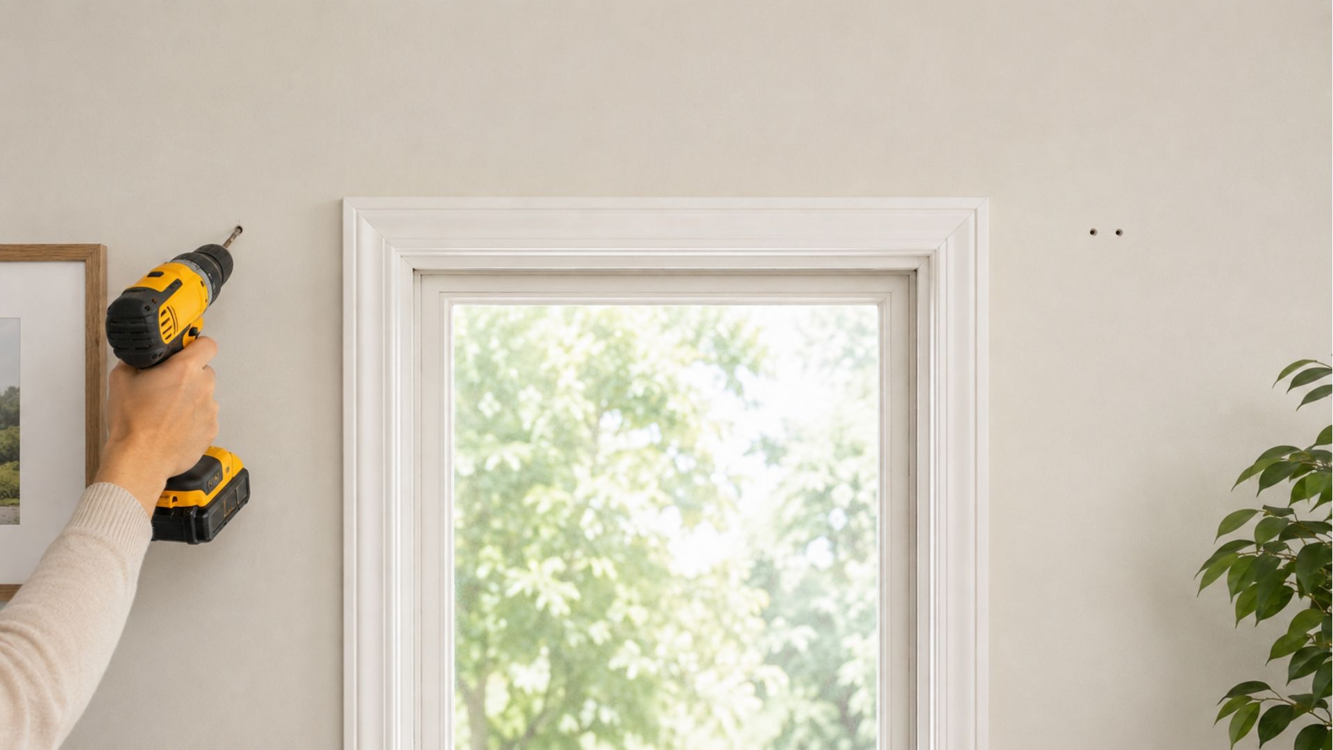 person using a cordless drill to make pilot holes for curtain rod brackets on both sides of a window