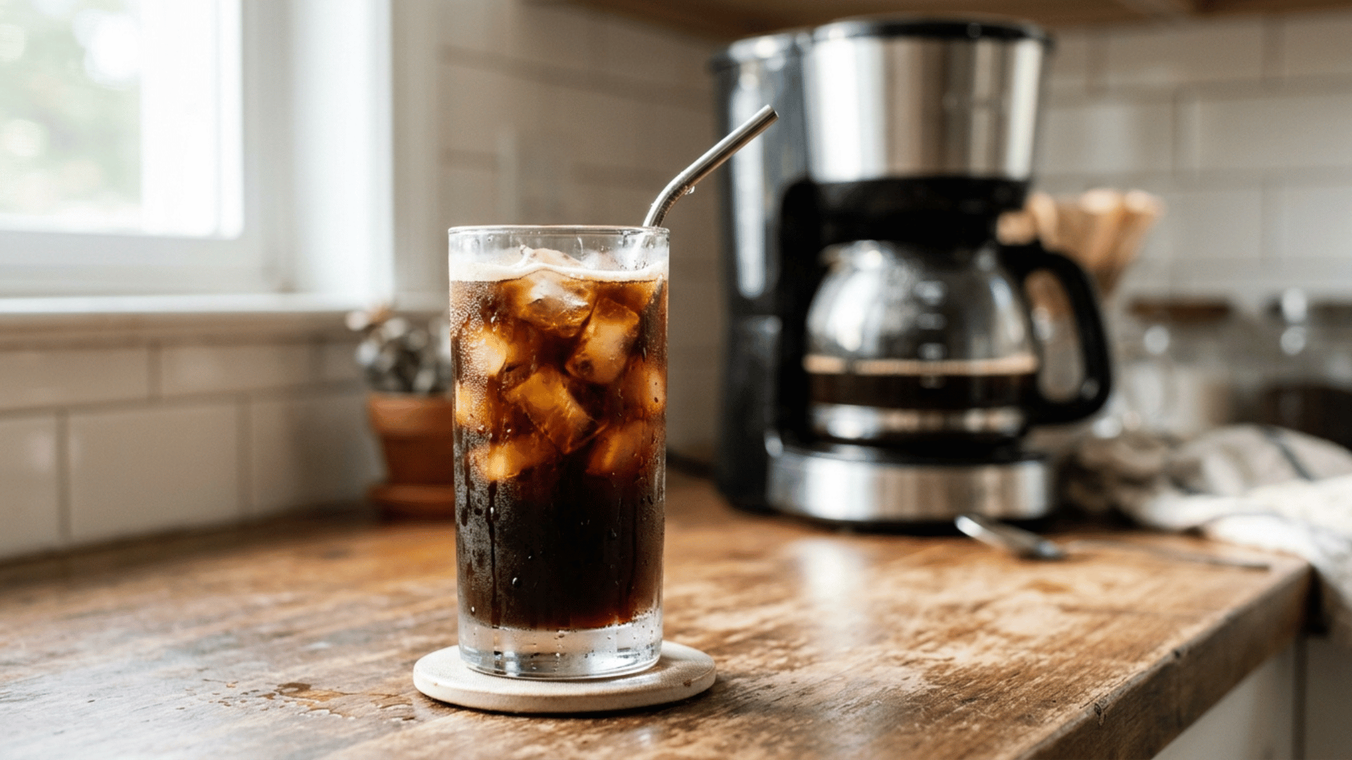 mason jar of black iced coffee with straw, drip maker in background