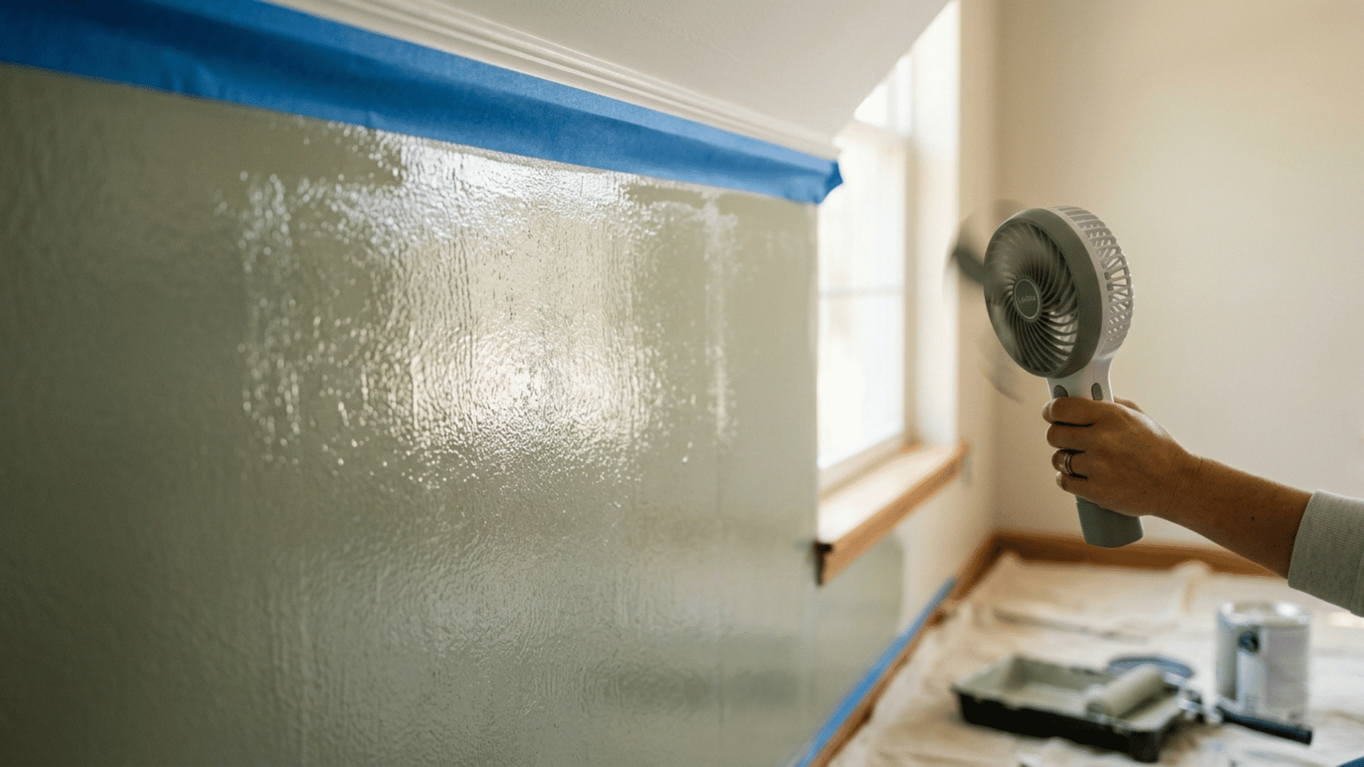 fan drying a freshly painted wall between coats to speed up the painting timeline