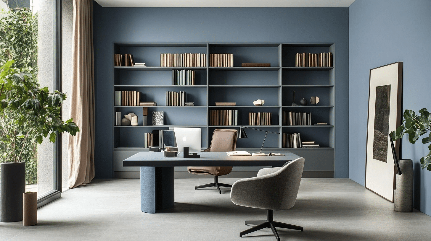 modern home office with dusky blue walls, built-in shelves, desk, and gray flooring in natural light