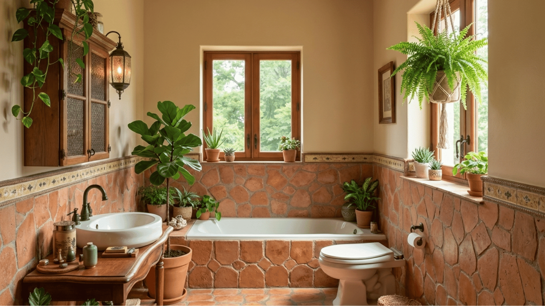 warm earthy bathroom with stone walls, wooden vanity, bathtub, and lush indoor plants